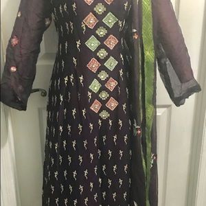 Maroon georgette with silver pink & green work